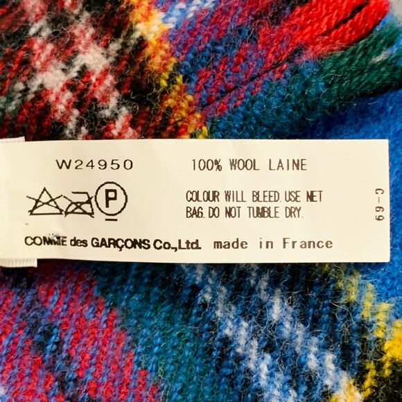 COMME des GARCONS SHIRT BOYS Blue Red Plaid Mixed Patterns Wool Fringe Scarf - Picture 5 of 5